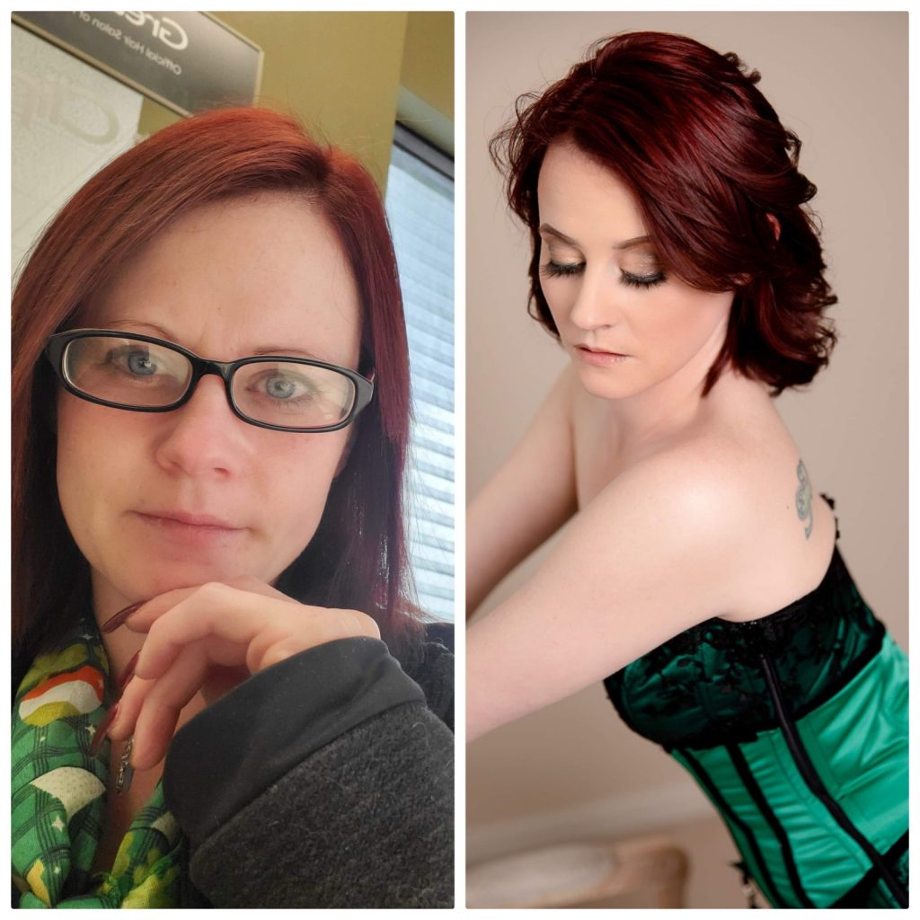 red hair with blue eyes wearing black and green corset. Before and after