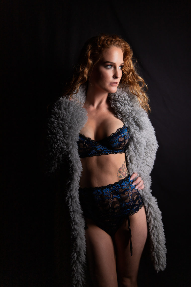 blue lingerie, fur coat, boudoir photography